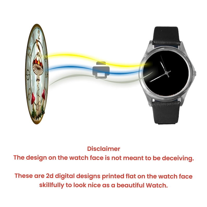 Puede incluir: Un reloj de pulsera plateado con esfera negra y correa de cuero negro. La imagen tambi&eacute;n muestra un &oacute;valo decorativo con un dise&ntilde;o de hongo y el texto "Disclaimer".