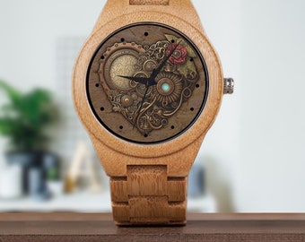 Personalized Watch, Heart Watches, Engraved Watch, Steampunk Watch, Gift for Mom, Unique Watch, Custom Watch, Wooden Watches, Gift for Wife