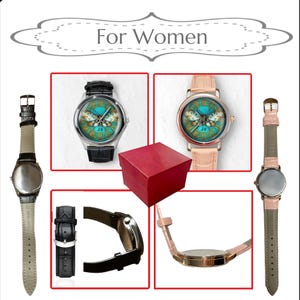 May include: A collection of women's watches with butterfly designs on the watch face. The watches have leather straps in black and pink. A red gift box is also included in the image. The text "For Women" is at the top.