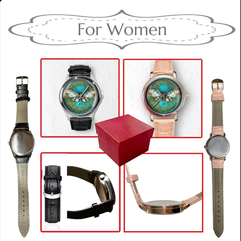 May include: A collection of women's watches with butterfly designs on the watch face. The watches have leather straps in black and pink. A red gift box is also included in the image. The text "For Women" is at the top.