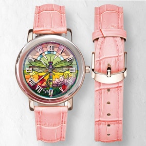 Rose Gold Dragonfly Watch: Pink Leather Band Wristwatch