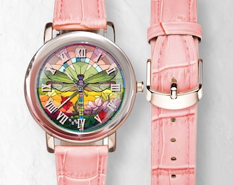 Rose Gold Dragonfly Watch: Pink Leather Band Wristwatch Handmade Stainless Steel Leather Watches