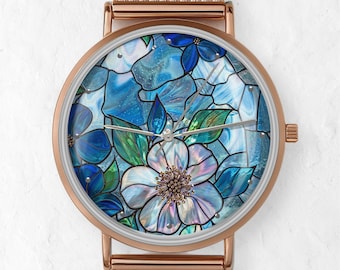Stained Glass Floral Watch, Women's Cottagecore Timepiece, Unique Wearable Art, Gift for Her