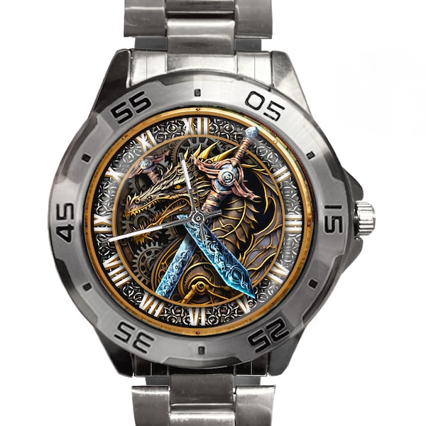 Watches for Men, Dragon Sword Watch, Steampunk Dragon, Viking Watch, Dragon Gift for Dad, Unique Watch, Men’s Watch, With Roman Numerals