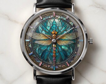 Reloj unisex con diseño de libélula en vidriera y arte 2D.