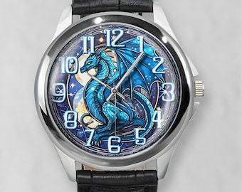 Blue Dragon Watch, Celestial Watches, Stained Glass effect, Fantasy Art Printed Wristwatch for Women and Men