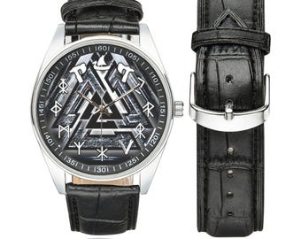 Viking Shield Watch, Valknut Pagan Jewelry, Unique Watches with Leather Band Handmade Stainless Steel Leather Watches