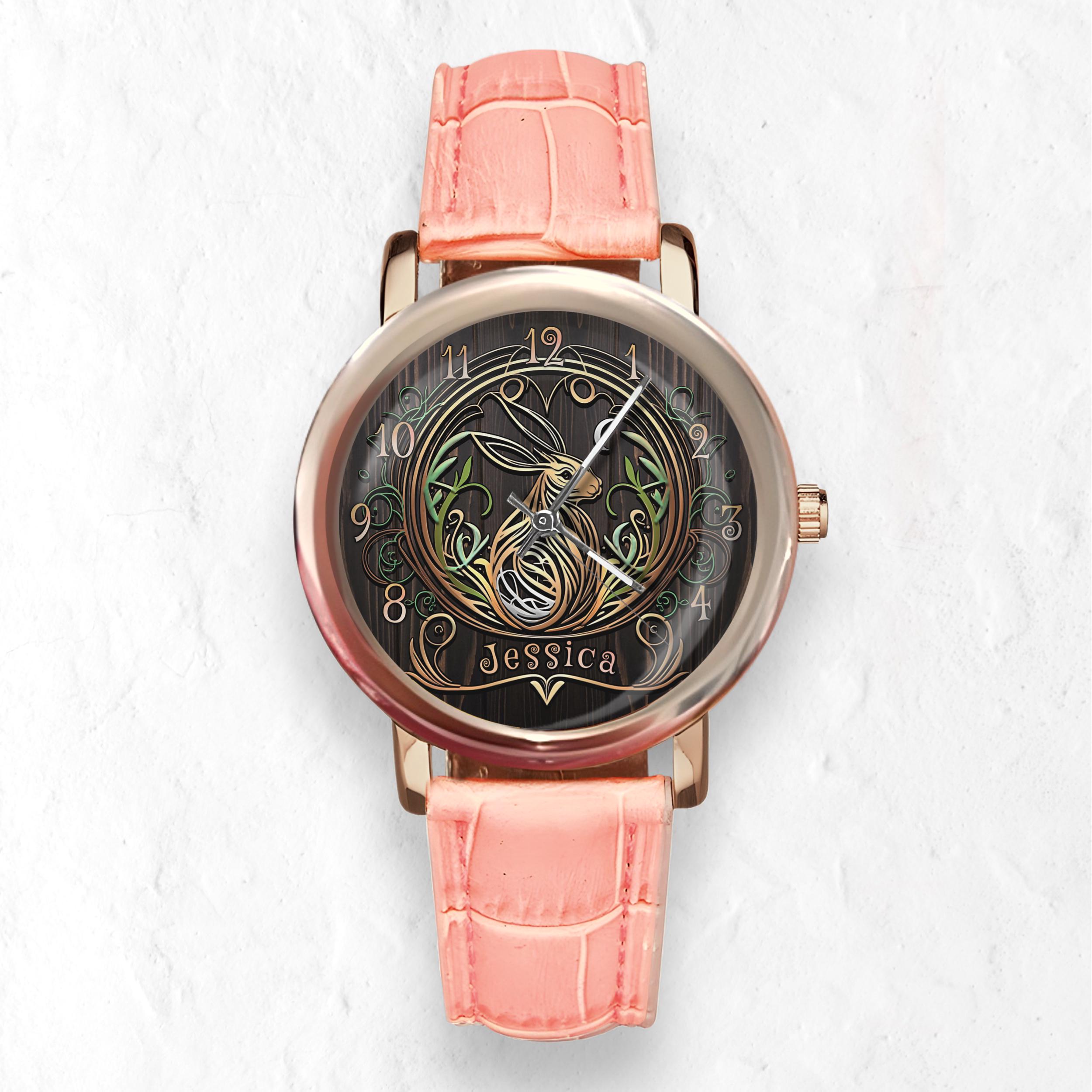 Art Nouveau Rabbit Watch: Custom Name Timepiece, Leather or Steel