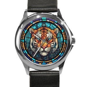 Watches for Women, Tiger Watch, Unique Watches, Faux Stained Glass Dial, Blue Hour Marks, Gold Watch, Silver Watch, Tiger Lover, Watch Lover