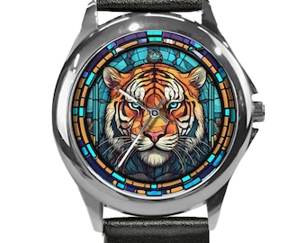 Watches for Women, Tiger Watch, Unique Watches, Faux Stained Glass Dial, Blue Hour Marks, Gold Watch, Silver Watch, Tiger Lover, Watch Lover