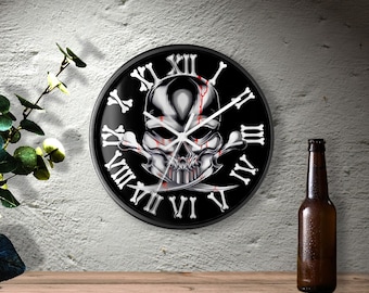 Unique Wall Clock, Crossbones Clock, Pirate Skull Clock, Clock with Roman Numerals, Framed Clock, Man Cave Decor, Gift for dad, Gift Ideas