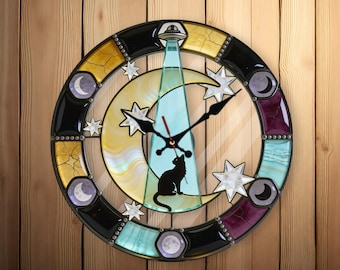 Black Cat UFO Wall Clock, Acrylic Clock, Celestial Alien Abduction, Clear glass Decor