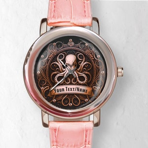 Octopus Watch, Unique Watches, Women’s Watch, Name Banner Watch, Rose Gold Watch, Pink Watch, Personalized Gifts, Gift for Women, Add Text