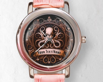 Montre Octopus, Montres uniques, Montre femme, Montre bannière nom, Montre en or rose, Montre rose, Cadeaux personnalisés, Cadeau pour femme, Ajouter du texte