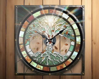 Tree of Life Clock - Stained Glass Wall Clock - 2D Printed Decor - Square Acrylic Gift