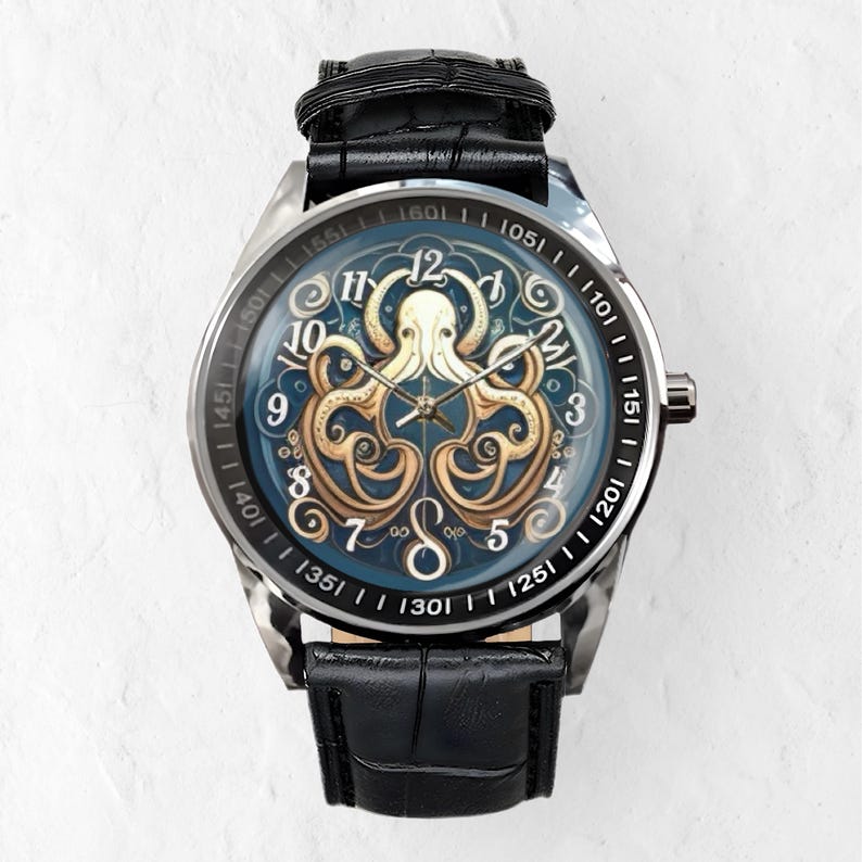Octopus Watch: Personalized Stainless Steel & Leather Timepiece Black Leather Watch