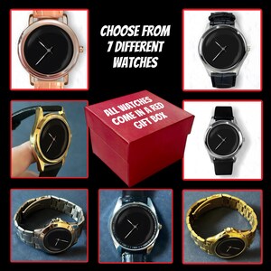 K&ouml;nnte beinhalten: Sieben Uhren mit schwarzen Zifferbl&auml;ttern und verschiedenen Armbanddesigns und Metallausf&uuml;hrungen, darunter Gold, Silber und Ros&eacute;gold. Der Text "CHOOSE FROM 7 DIFFERENT WATCHES" ist zu sehen. Alle Uhren werden in einer roten Geschenkbox geliefert.
