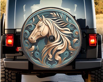 Horse Medallion Tire Cover: Jeep, Trailer, RV, SUV, TruckPolyester All Weather Handmade Cover for Spare Tire