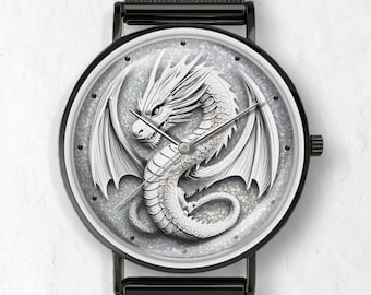 White Dragon Watch, Dragon Lover Gift, Men’s Watch, Women’s Watch, Unique Unisex Watch, Stainless Steel Black Mesh Band, Timeless Gift