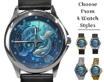 Pisces Zodiac Watch: Astrology Birthday Gift, Unisex Wristwatch Handmade Stainless Steel Leather Watches