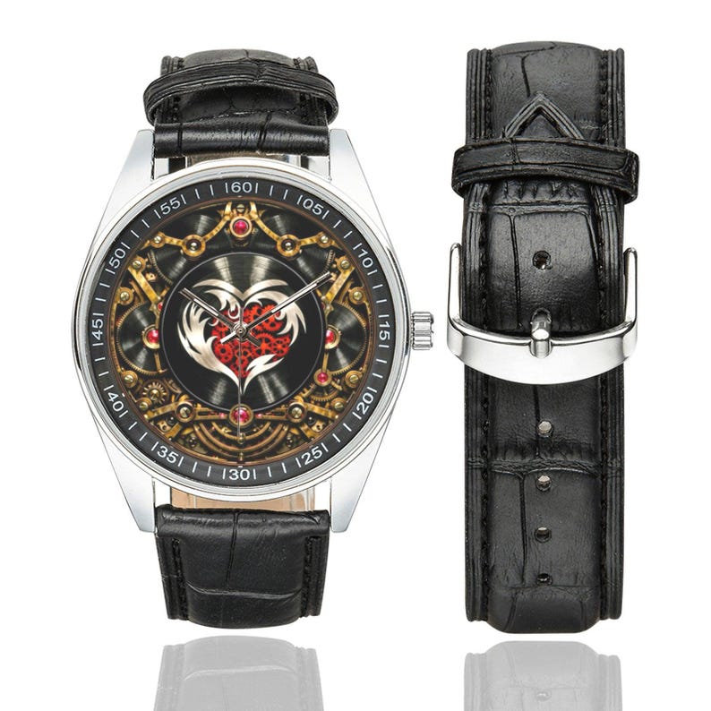 Steampunk Music Fan Watch - Heart & Retro Vinyl Record Wristwatch One Size