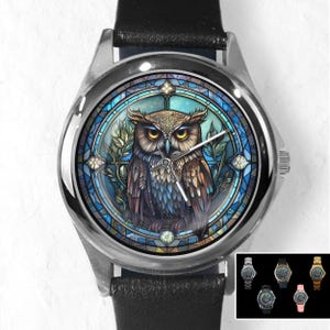 Majestic Owl Watch: Faux Stained Glass Dial, Unisex Timepiece