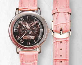 Kolibri Uhr: Roségold, personalisierte Damenuhr handgefertigte Edelstahl-Lederuhren