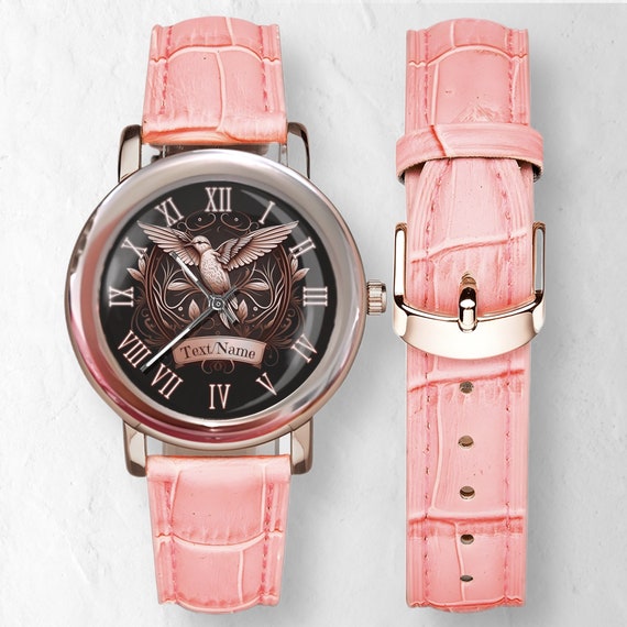Hummingbird Watch: Rose Gold, Personalized Women's Watch Handmade Stainless Steel Leather Watches