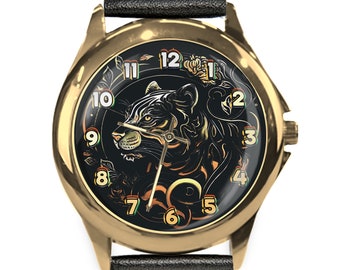 Watches for Women, Watches for Men, Tiger Watch, Cat Watch, Unique Watches, Gold or Silver, Leather Band for Women, Stainless Steel for Men