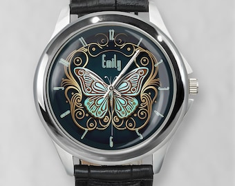 Butterfly Custom Wristwatch, Personalized Watch for Women, Men, and Kids Age 8+. Add a Name and or Gift Card, With Gift Box