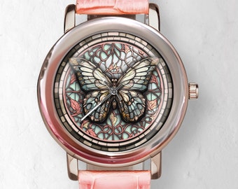 Schmetterlings-Uhr: Faux-Buntglas-Zifferblatt, rosa Lederband-handgefertigte Edelstahl-Leder-Uhren