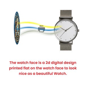 May include: A silver wristwatch with a white watch face and a mesh band. The watch is connected to a circular design with an ornate pattern via a printer icon and colorful lines. The text on the image reads: "The watch face is a 2d digital design printed flat on the watch face to look nice as a beautiful Watch."