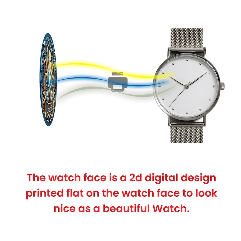 May include: A silver wristwatch with a white watch face and a mesh band. The watch is connected to a circular design with an ornate pattern via a printer icon and colorful lines. The text on the image reads: "The watch face is a 2d digital design printed flat on the watch face to look nice as a beautiful Watch."