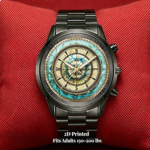 May include: A black metal wristwatch featuring a round face with a vintage-style compass graphic in shades of beige and teal. The dial includes cardinal directions N, S, E, and W. The text 2D Printed Fits Adults 150-200 lbs is visible at the bottom.