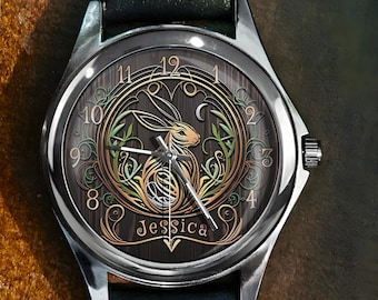 Jugendstil Kaninchen Uhr: Benutzerdefinierte Namen Zeitmesser, Leder oder Stahl Handmade Edelstahl Lederuhren