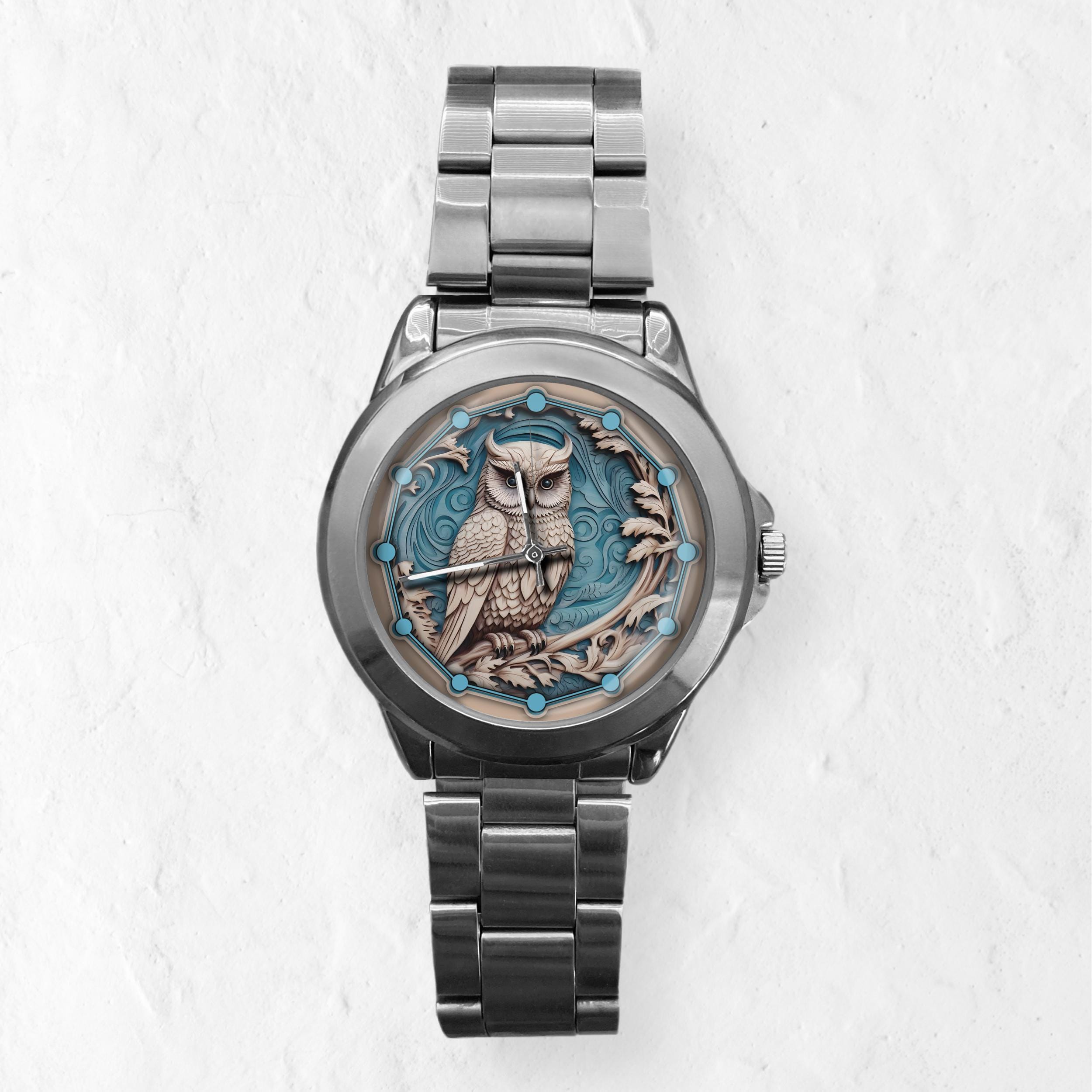Custom Engraved Owl Dial Watch with Leather Band Unique Owl Watches, Whimsical Watch, Cute Face Design Watch  main image 2