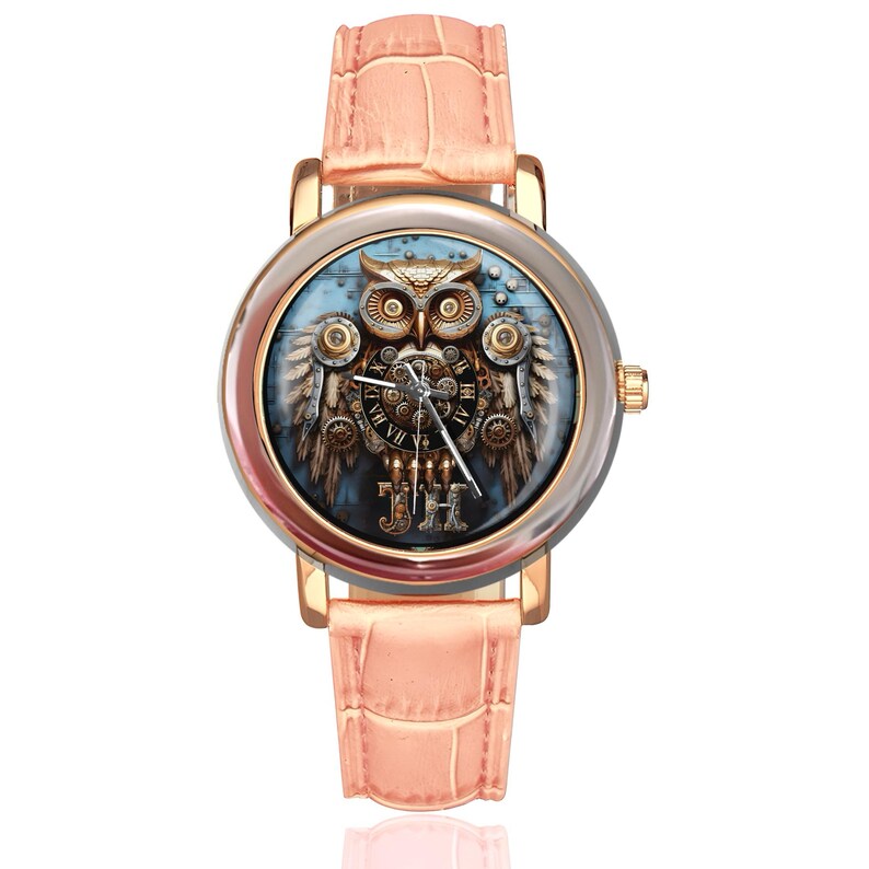 K&ouml;nnte beinhalten: Ros&eacute;goldene Armbanduhr mit einem Steampunk-Eulen-Design. Das Zifferblatt zeigt eine detaillierte Eulenillustration mit Zahnr&auml;dern und Fl&uuml;geln auf blauem Hintergrund. Die Uhr hat ein hellrosa Lederarmband.