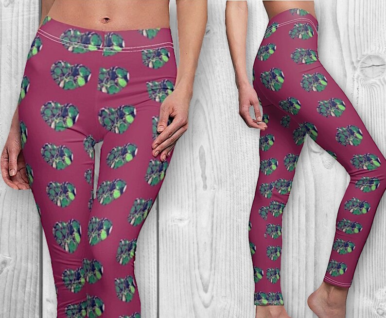 Heart shaped cactus pattern leggings Custom design printed floral hearts gift Berry colored heart pattern Cute women\u2019s yoga pants