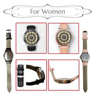 May include: A collection of women's watches with compass-style faces. The watches feature leather straps in black, pink, and gray. The watch faces have a cream-colored background with a compass design. The text "For Women" is at the top.