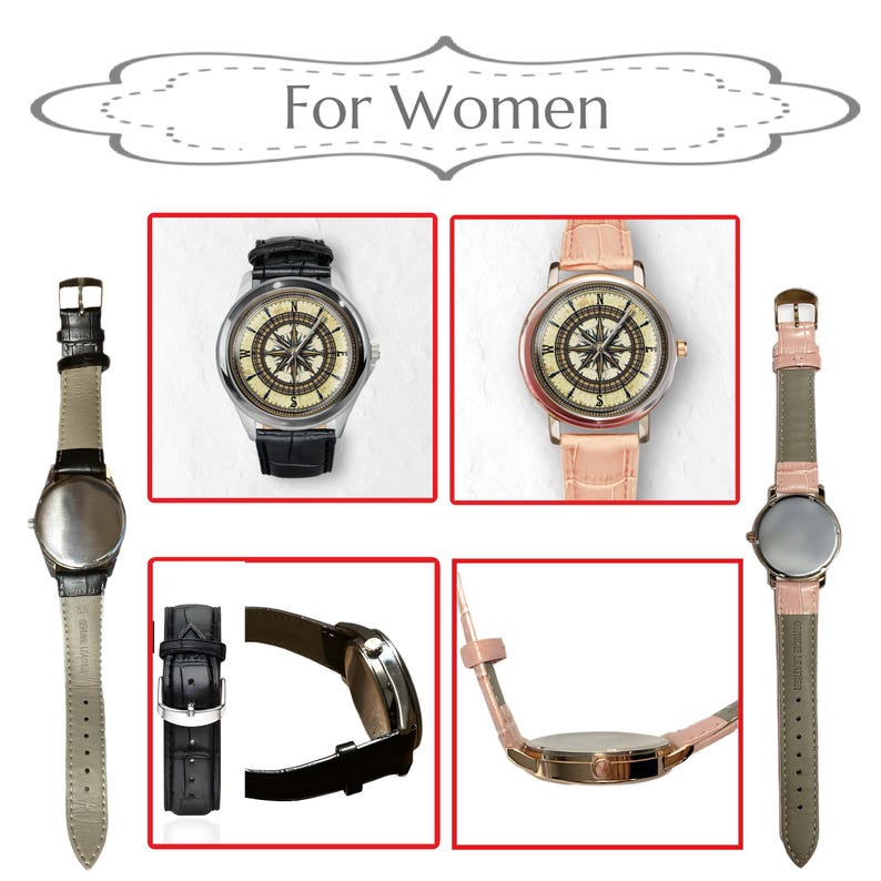 May include: A collection of women's watches with compass-style faces. The watches feature leather straps in black, pink, and gray. The watch faces have a cream-colored background with a compass design. The text "For Women" is at the top.