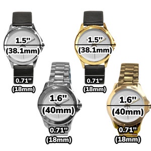 K&ouml;nnte beinhalten: Drei Armbanduhren mit verschiedenen Bandfarben. Die Uhr links hat ein schwarzes Band und ein wei&szlig;es Zifferblatt mit schwarzen Markierungen. Die Uhr in der Mitte hat ein silbernes Band und ein wei&szlig;es Zifferblatt mit schwarzen Markierungen. Die Uhr rechts hat ein goldenes Band und ein wei&szlig;es Zifferblatt mit schwarzen Markierungen. Alle drei Uhren haben einen Durchmesser von 1,5 Zoll (38,1 mm) oder 1,6 Zoll (40 mm) und eine Bandbreite von 0,71 Zoll (18 mm).