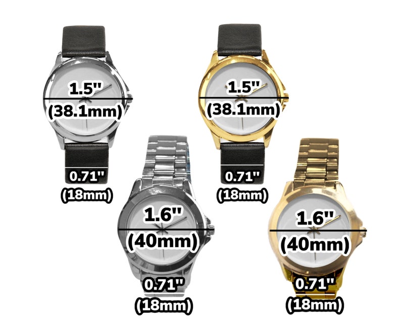 K&ouml;nnte beinhalten: Drei Armbanduhren mit verschiedenen Bandfarben. Die Uhr links hat ein schwarzes Band und ein wei&szlig;es Zifferblatt mit schwarzen Markierungen. Die Uhr in der Mitte hat ein silbernes Band und ein wei&szlig;es Zifferblatt mit schwarzen Markierungen. Die Uhr rechts hat ein goldenes Band und ein wei&szlig;es Zifferblatt mit schwarzen Markierungen. Alle drei Uhren haben einen Durchmesser von 1,5 Zoll (38,1 mm) oder 1,6 Zoll (40 mm) und eine Bandbreite von 0,71 Zoll (18 mm).