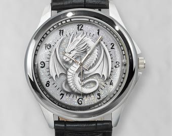 White Dragon Watch: Mythical Font, Unisex Fantasy Timepiece Handmade Stainless Steel Leather Watches