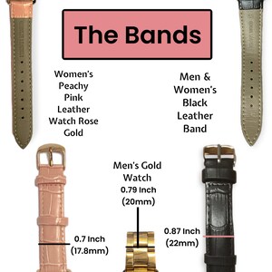 May include: Image featuring watch bands in various colors and styles. Includes a peachy pink leather band, a black leather band, and a gold watch. Measurements are provided in inches: 0.7 inch (17.8mm), 0.79 inch (20mm), and 0.87 inch (22mm). The text "The Bands" is displayed.