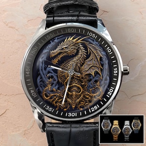 Watches for Men, Dragon Wristwatch, Steampunk Watch, Unique Watches, Leather Watch Women, Stainless Steel Watch for Men, Dragon Gift for Dad