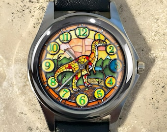 Plateosaurus Stained Glass Effect Watch: Dinosaur Birthday Gift Handmade Stainless Steel Leather Watches