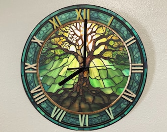 Tree of Life Clock, Green Clock, Roman Numeral Clock, Faux Stained Glass, Wooden Wall Clock, Tree of life Wall Art, Frameless Silent Clock