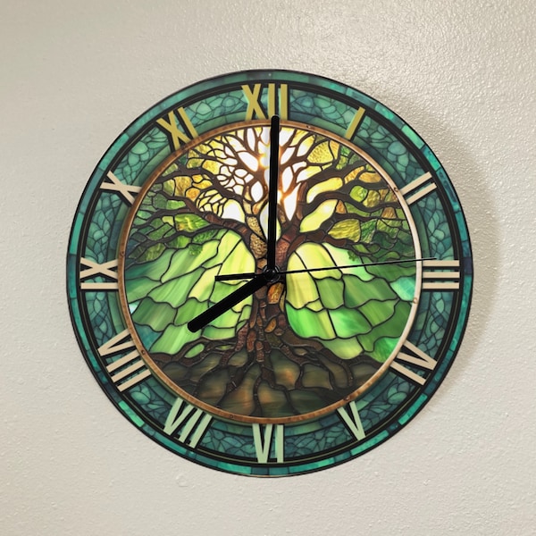 Tree of Life Clock, Green Clock, Roman Numeral Clock, Faux Stained Glass, Wooden Wall Clock, Tree of life Wall Art, Frameless Silent Clock