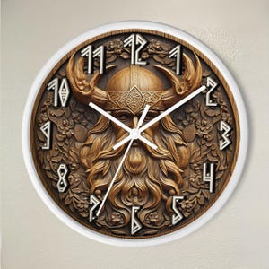May include: A white round clock with a wooden face featuring a carved image of a bearded man with horns and a crown. The clock face has Roman numerals and white hands.