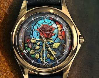 Rosenbusch Uhr: Glasmalerei-Effekt, Edelstahl-Zeitmesser, handgefertigte Lederuhren